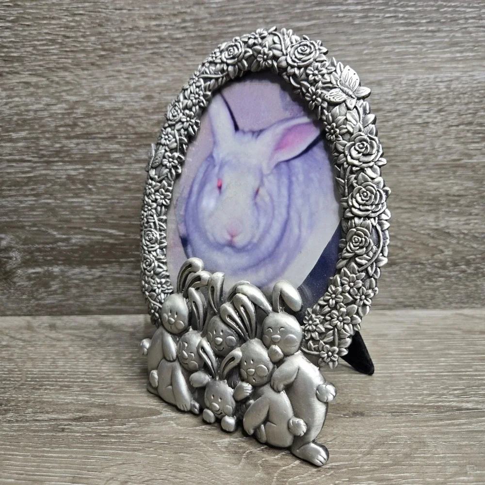 Vintage Pewter Tone Oval Picture Frame W/ Bunny Floral Nursery Design Pet Frame